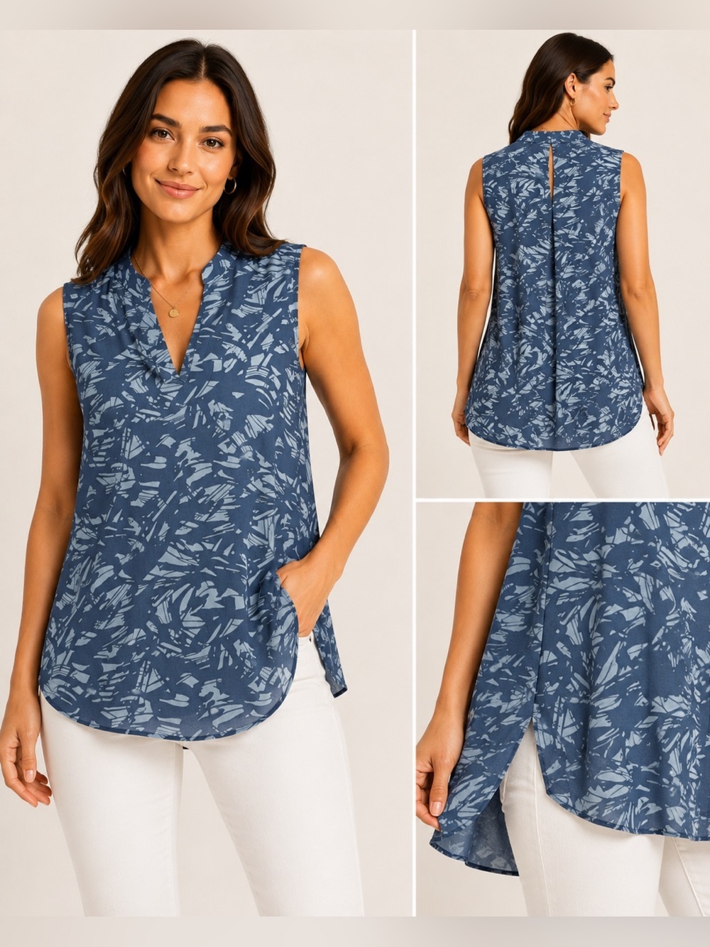Banana Republic Womens M Blue Abstract Print Sleeveless V Neck Tunic Blouse